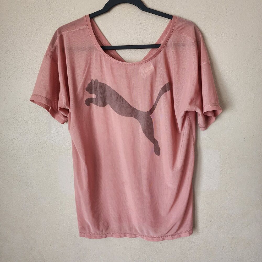 PUMA Pink Dancer Drapey Mesh V-Back Sheer T-Shirt Small Sporty Athleisure
